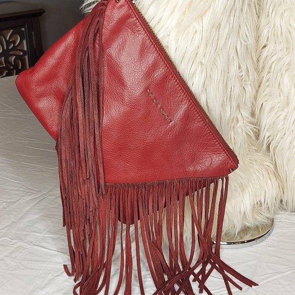 Deep Red Trina Turk Fringe bag with wristlet. Like New. Medium size. - Picture 3 of 5